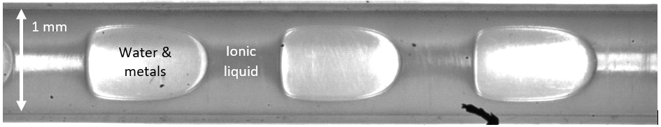 Slug flow, where the aqueous phase is regularly dispersed in the ionic liquid, in a microfluidic reactor of 1 mm internal diameter. 